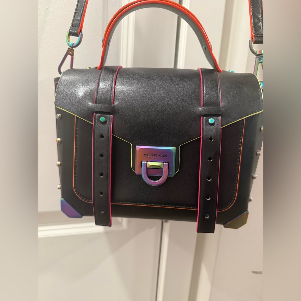 Rare Michael Kors Neon Trim Satchel Crossbody Black Leather Rainbow Hardware - Picture 2 of 6